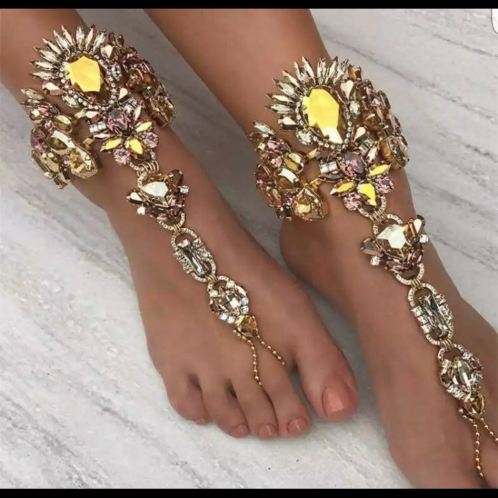 *SOLD* Jeweled Foot Chain Beach Sandals 2 Pieces - Picture 1 of 10